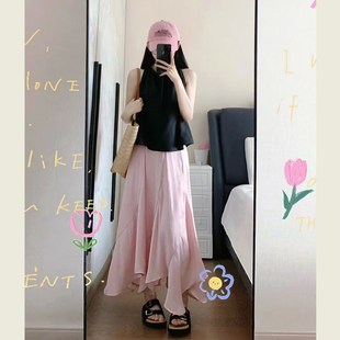 度假风短款吊带挂脖褶皱背心女夏季粉色高腰a字半身裙鱼尾裙套装