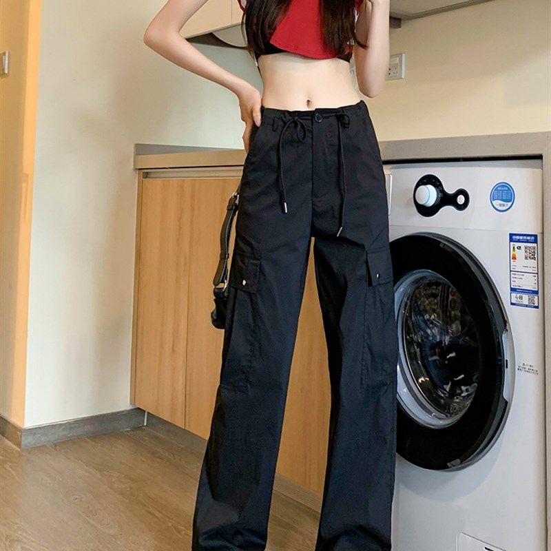 大码黑色抽绳美式工装裤女款显瘦梨型身材休闲裤子设计感女小众潮,女装/女士精品,大码裤装,淘宝优惠券,粉丝福利购,淘宝优惠卷