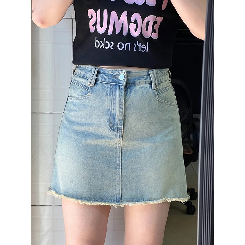 大码女装复古牛仔半身裙女胖mm夏季新款裙子显瘦a字毛边包臀短裙