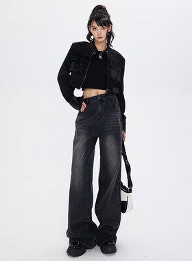 KRO灰色美式低腰阔腿长裤2024新款百搭宽松垂感拖地直筒牛仔裤女