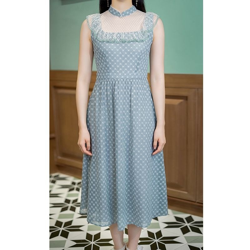 固执无袖立领小清新灰湖绿碎花中长连衣裙女41112LQ06576 8.15