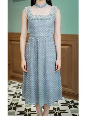 固执无袖立领小清新灰湖绿碎花中长连衣裙女41112LQ06576 8.15