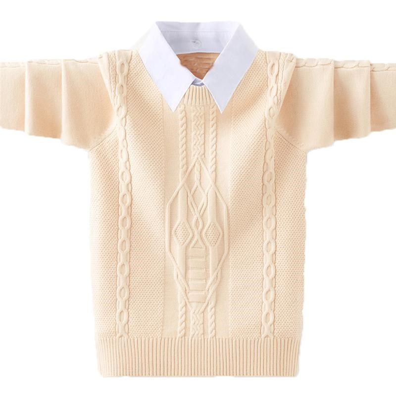 男童毛衣假两件2024秋冬新款加绒加厚纯棉针织衫男孩衬衫领打底衫