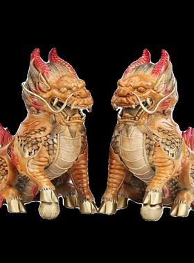 彩铜祥瑞麒麟摆件一对中式家居客厅玄关电视柜装饰品开业乔迁礼品