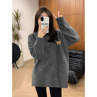 高级感花灰色中长款上衣女遮臀长袖T恤春秋冬圆领卫衣内搭打底衫