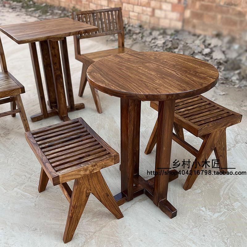 侘寂风中古实木圆桌子老榆木复古民宿咖啡厅民谣小酒馆餐桌椅组合