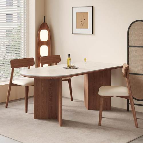 覆古网红风岩板实木餐桌椅组合家用饭厅北欧半圆长方形吃饭桌子