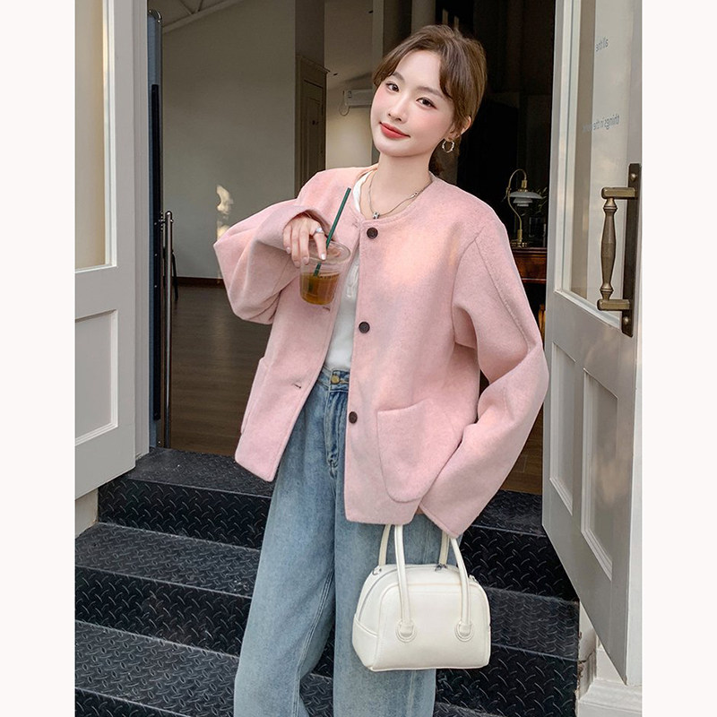 2025韩版粉色短外套女冬季新款温柔风小个子减龄轻奢极简风上衣女