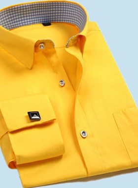 法式袖扣衬衫男士长袖中年修身商务免烫男装纯黄色衬衣加肥加大码