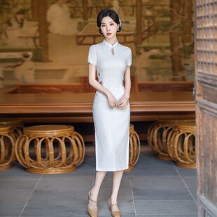 夏季新中式蕾丝旗袍改良连衣裙中长款优雅妈妈国风日常绣花小个子