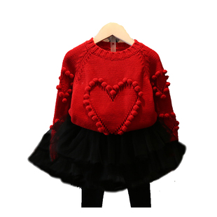 女童红色套头毛衣新款儿童纯棉针织衫外套公主打底衫童装毛衣