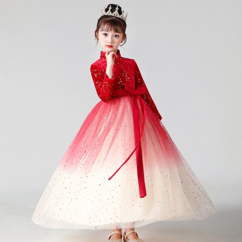 女童旗袍公主裙冬季走秀表演古筝演出服儿童主持人中国风礼服秋冬
