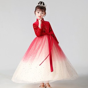 女童旗袍公主裙冬季走秀表演古筝演出服儿童主持人中国风礼服秋冬