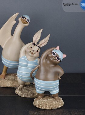 美式北欧风格可爱拟人创意个性动物泳装玄关电视柜客厅装饰品摆件