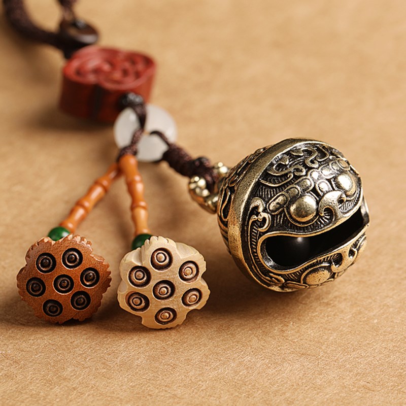 铜饕餮铃铛保平安招财吊坠黄铜汽车钥匙扣挂件桃木莲蓬钥匙链男女