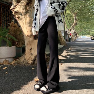 小矮个子白色条绒针织微喇裤女秋冬加绒加厚休闲垂感高腰微喇长裤
