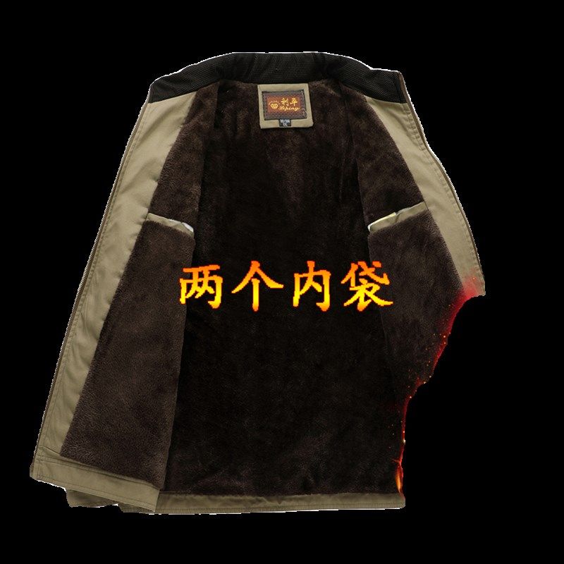 中年男冬季纯棉夹克爸爸装加绒加厚棉衣中老年立领宽松外套老人衣