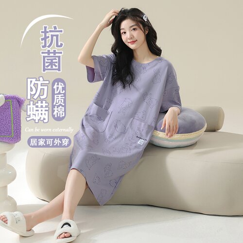 睡裙女士夏季纯棉短袖中长款大码