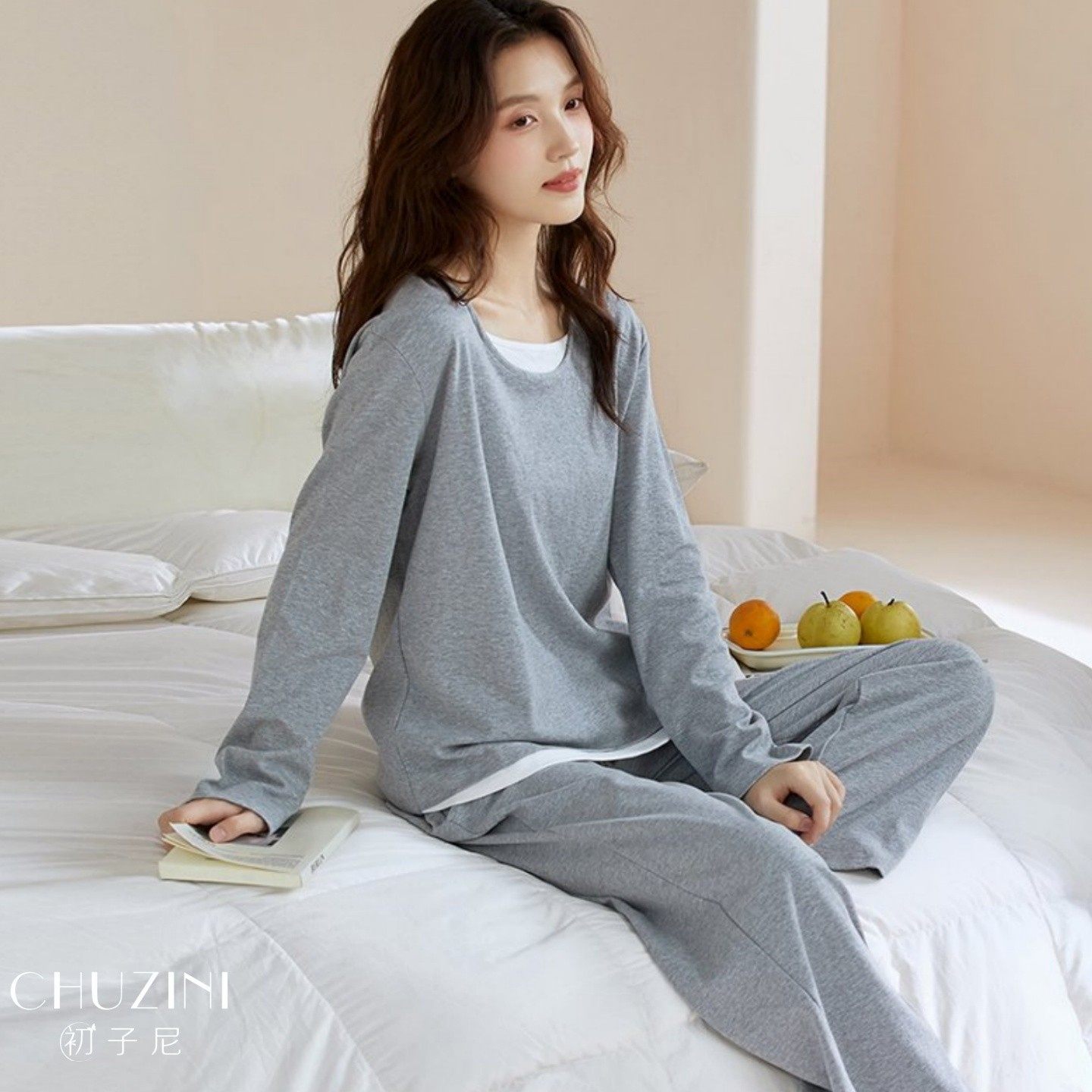 睡衣女秋季纯棉长袖纯色休闲柔软家居服秋款女士可外穿两件套装