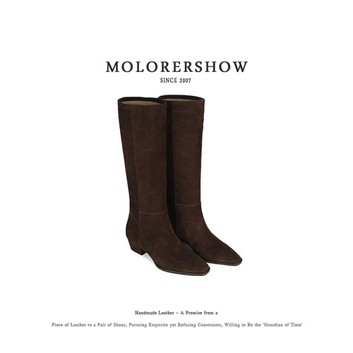 MOLORERSHOW【小众设计师】雾面感直筒靴尖头粗跟复古不过膝