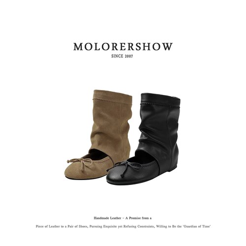 MOLORERSHOW【甜美复古】蝴蝶结圆头堆堆靴女内增高百搭夏季芭蕾