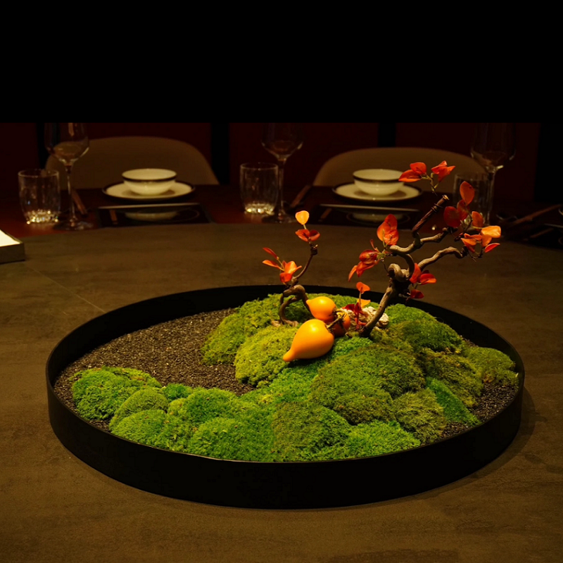 酒店圆桌中间转盘摆件永生苔藓景观桌景摆设轻奢桌花餐桌中心装饰