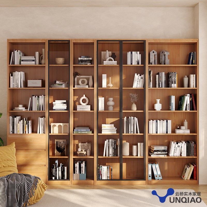 实木书架落地置物柜简约家用带玻璃门客厅防尘自由组合书柜展示架