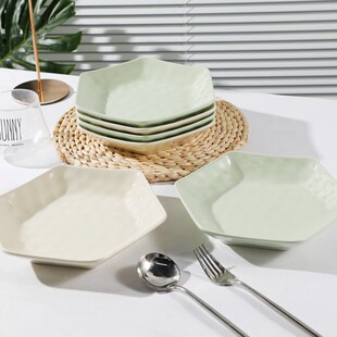 盘子菜盘家用4/6只装创意个性六边形盘子拼盘奶油风可爱陶瓷果盘