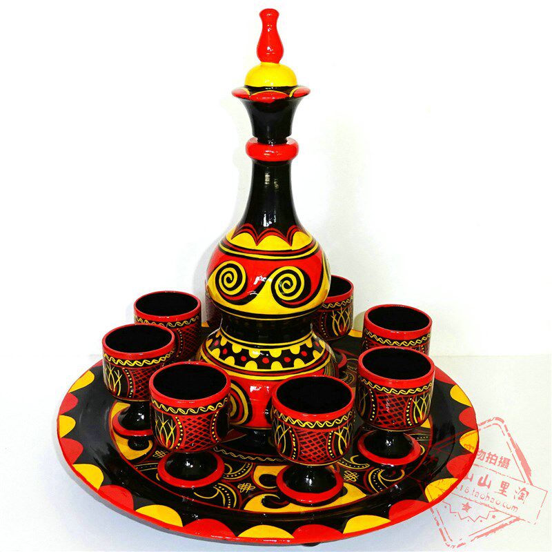 包邮大凉山彝族民间漆器彩绘全手工艺品葫芦酒壶套装礼盒小号摆设