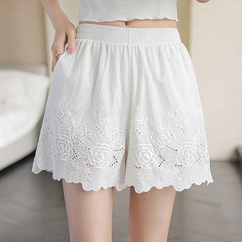 双层纯棉宽松休闲三分阔腿裤女夏外穿白色蕾丝防走光打底安全短裤