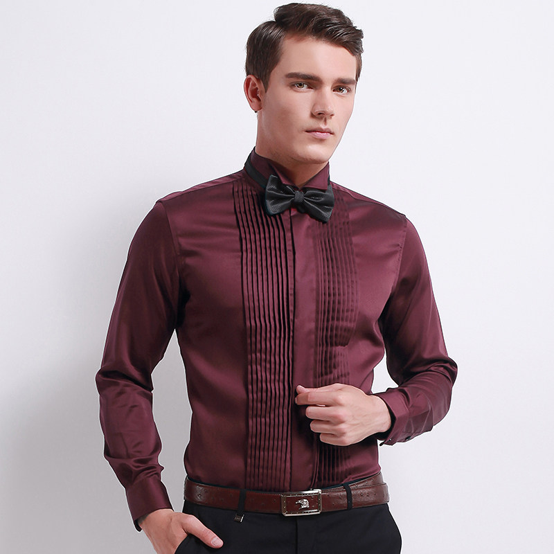 衬衫男新郎结婚婚礼晚礼服款法式宴会领结燕子领男士酒红色衬衣寸