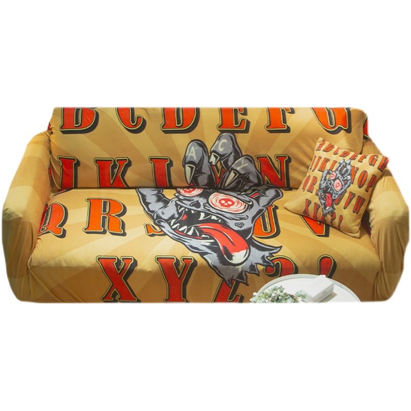 个性卡通图案沙发套布艺绒沙发罩弹力盖布复古三人组合沙发垫全包