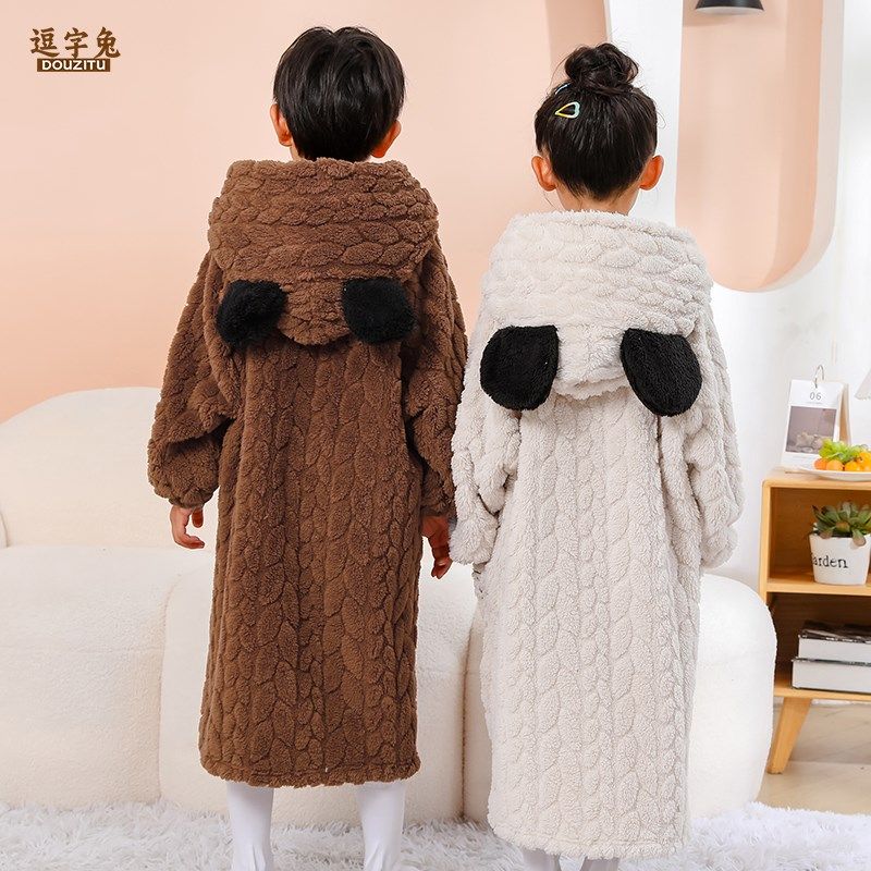 秋冬新款儿童睡袍长款加厚保暖法兰绒睡衣男童女童浴袍连帽家居服