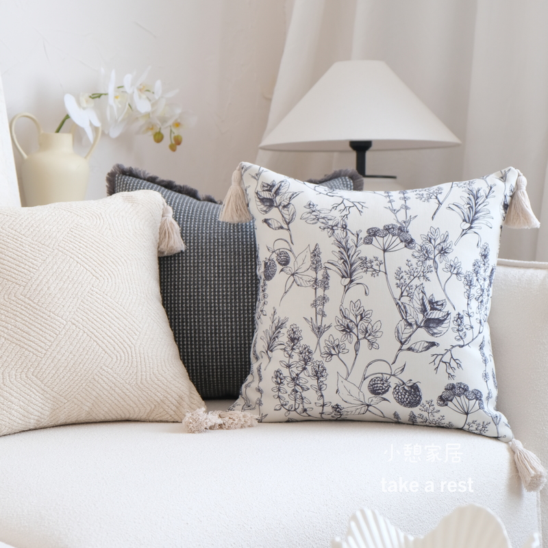 灰色花卉田园抱枕日式法式花朵抱枕客厅沙发靠垫靠枕北欧靠包复古