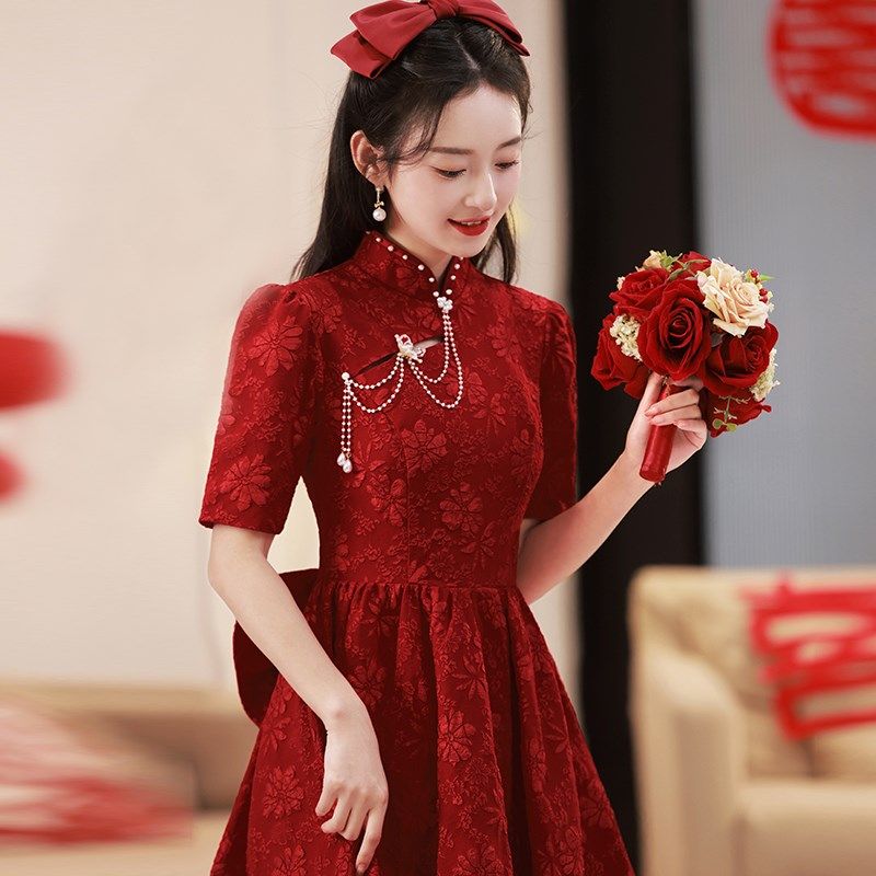 旗袍敬酒服新娘夏季小个子酒红色订婚礼服裙中式回门女复古改良版,女装/女士精品,礼服/晚装,淘宝优惠券,粉丝福利购,淘宝优惠卷