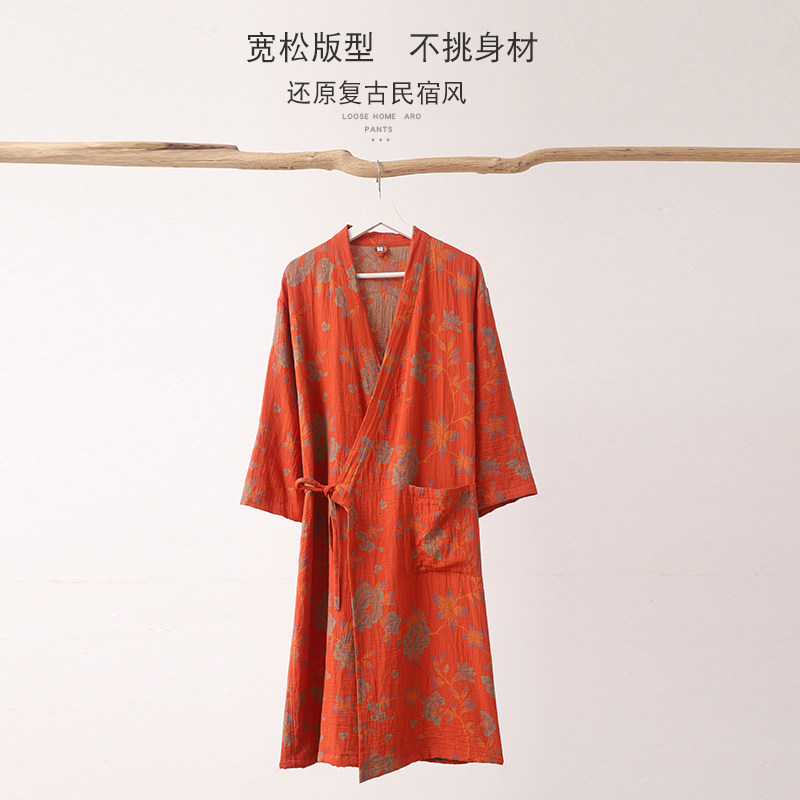 女浴袍式夏季睡袍情侣长款春秋款新中式睡衣男晨袍纱布家居服