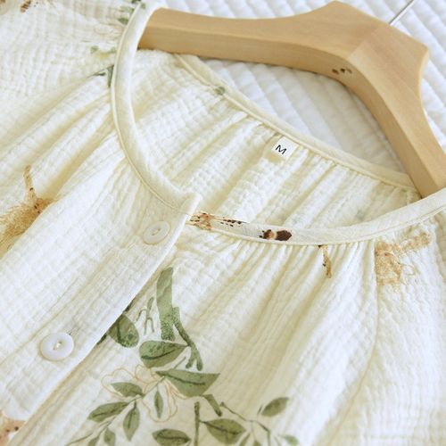 春夏秋季纯棉纱布三件套睡衣女圆领薄款短袖短裤家居服长袖可外穿