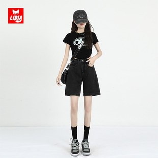 黑色松紧腰五分裤牛仔短裤女春款2025夏季新款小个子显瘦阔腿中裤