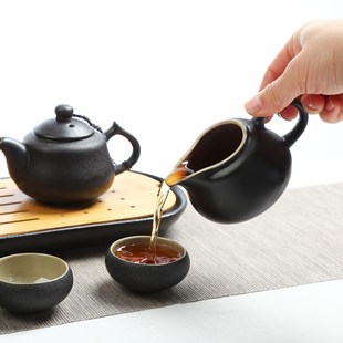 茗峰 陶瓷功夫茶具禅风黑公道杯瓷器有把公道杯黑陶茶海分茶壶