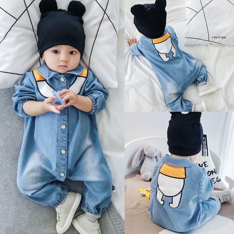 男婴儿牛仔连体衣服外穿秋季外出服宝宝春秋秋装套装秋款洋气一岁