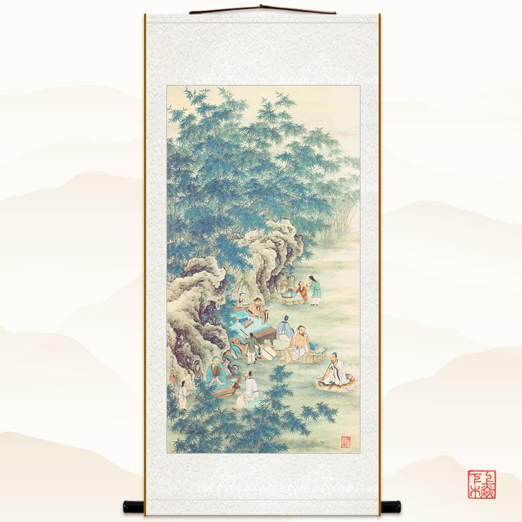竹林七贤图 古代名人贤士喝酒品茶画像 中式书房卷轴挂画装饰字画图片