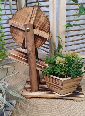 实木复古水车创意木质花盆户外花园阳台橱窗道具幼儿园装饰摆件