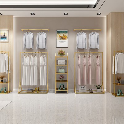 金色女装店婚纱货架服装店展示架落地式挂衣架店铺装修设计效果图