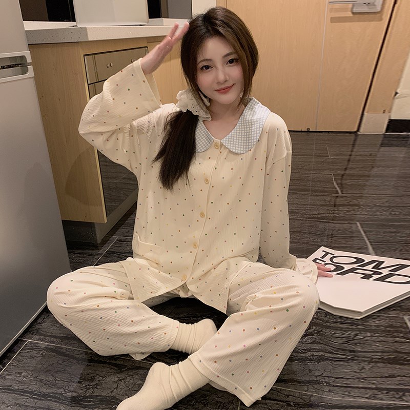 睡衣女款春季皱布薄款长袖套装2024新款甜美可爱春秋家居服圆点