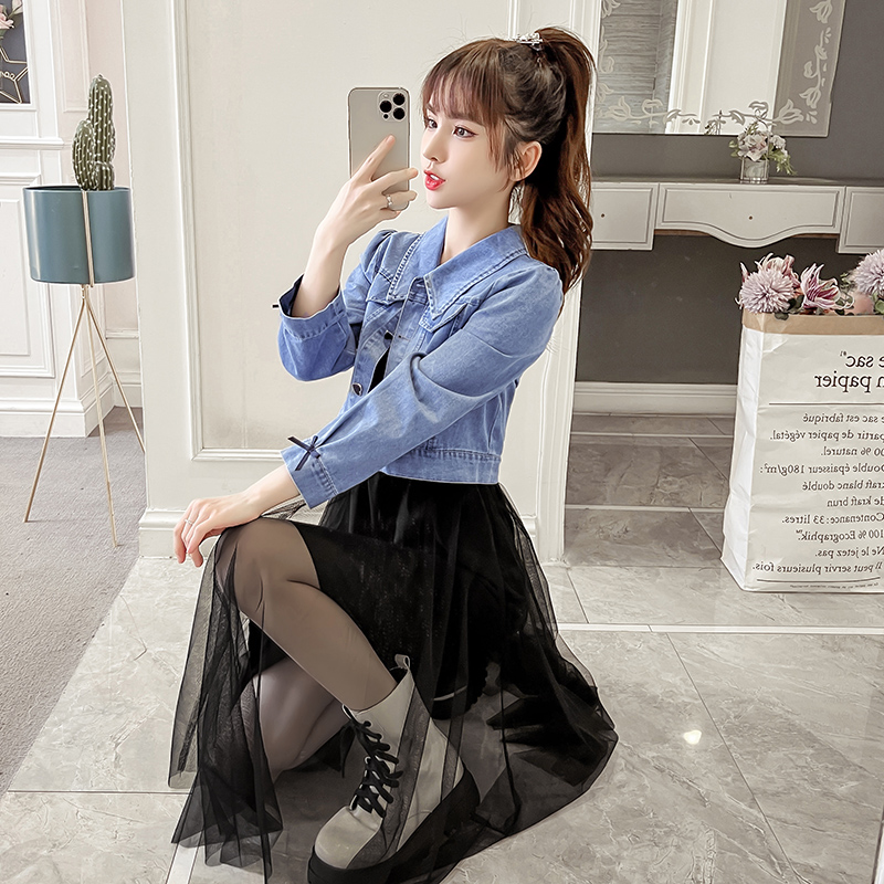 150小个子洋气套装网纱连衣裙搭配牛仔外套春155穿搭时尚两件套xs