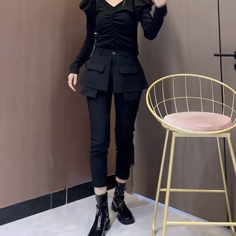 秋季新款假两件围裙裤女弹力显瘦小脚裤百搭西装裤时尚直筒九分裤