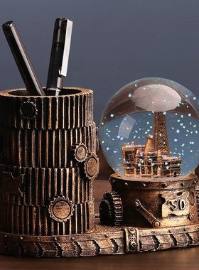 创意复古笔筒摆件轻奢水晶球办公室桌面书台儿童书房书桌生日礼品