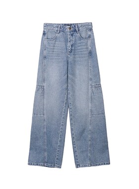 A21女装天蓝色宽松厚款牛仔裤2024冬新款百搭长裤水洗微弹阔腿裤