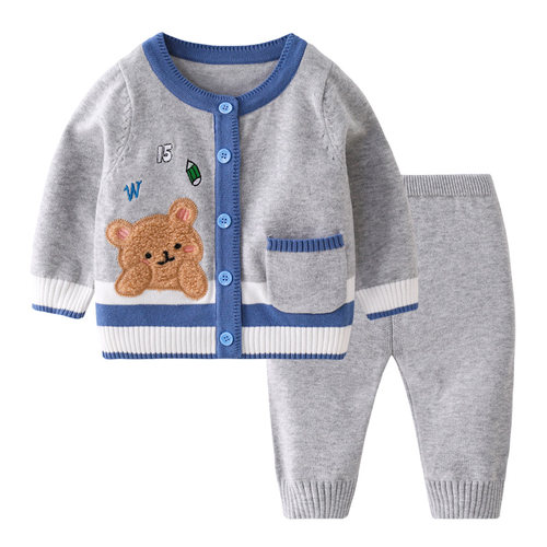 婴儿毛衣套装秋季新款男宝宝卡通熊开衫毛线衣婴幼儿百搭针织卫生