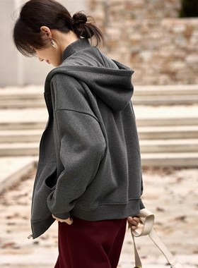 XWI欣未灰色棉质复合绒针织开衫女2024年冬季拉链式连帽休闲上衣
